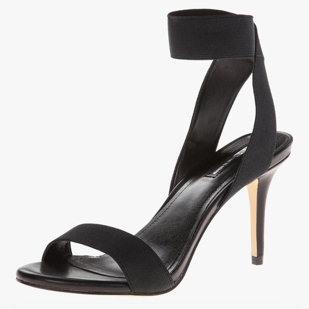 BCBGeneration BG-Halo Black Textile Ankle Strap Leather Heel Dress Sandala Sz 10
